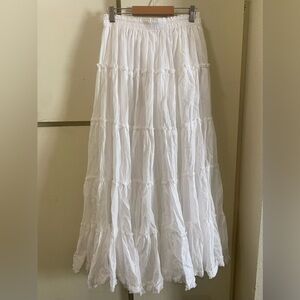 S/M White Boho Cottagecore Tiered Ruffled Stretchy Waistband Long Maxi Skirt